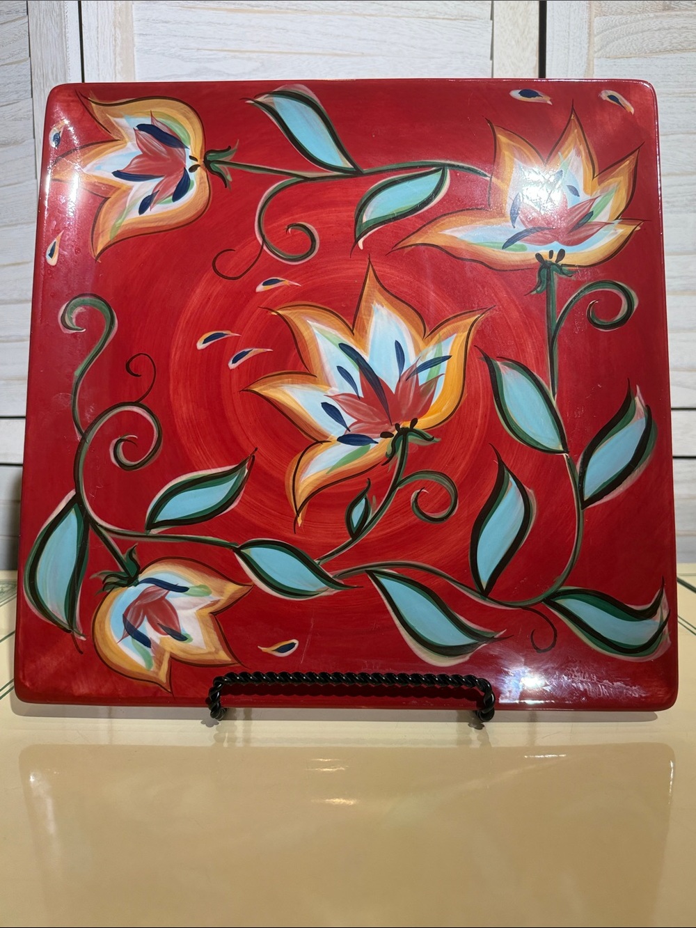 SLAH Gail Pittman Hand-Painted Red Floral Decorative Art Plate
